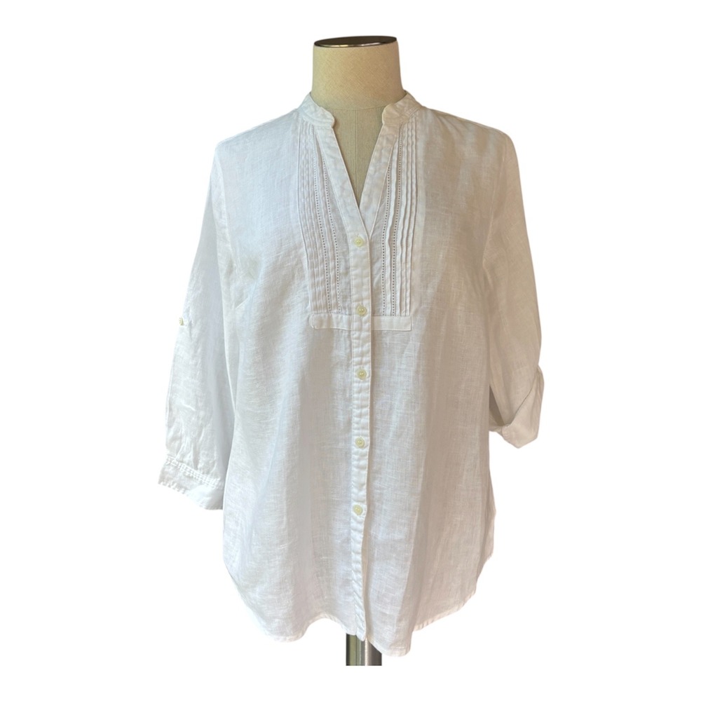 Linen Charter Club M 100% Linen White Pintuck Roll Tab Boho Blouse Minimalist